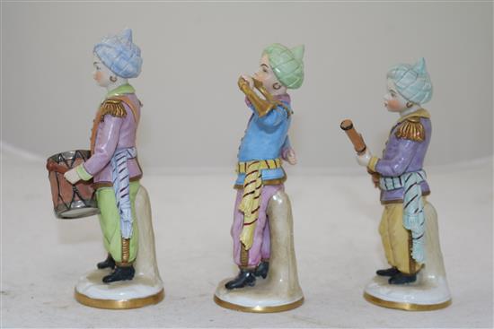 A set of six Sitzendorf porcelain figures of Ottoman band musicians, early 20th century, 15cm - 16cm